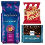 Кофе в зернах, шоколад и батончики